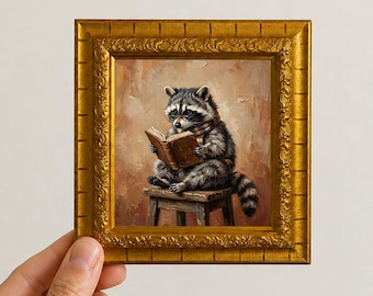 Peinture à l'huile représentant un raton laveur lisant un livre, petite toile originale peinte à la main.