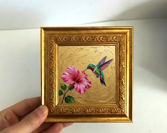 Mini Hummingbird Painting Original Oil Art Small Framed Floral Decor Wall Art
