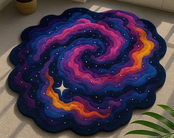 May include: A round rug with a galaxy design. The rug features a dark blue background with swirling patterns in shades of purple, pink, orange, and yellow. White star-like accents are scattered throughout the design. The rug has a scalloped edge.