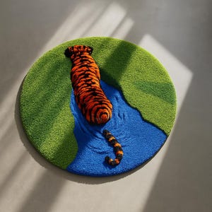 Peut inclure: Un tapis rond avec un motif de tigre. Le tapis présente une zone herbeuse verte, une rivière bleue et un corps et une queue de tigre orange et noir. Un élément de décoration intérieure unique.