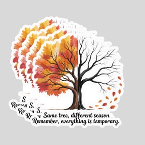 May include: A sticker featuring a tree split in half, with one side in vibrant autumn colors and the other in stark black and white. The text reads, "Same tree, different season. Remember, everything is temporary."