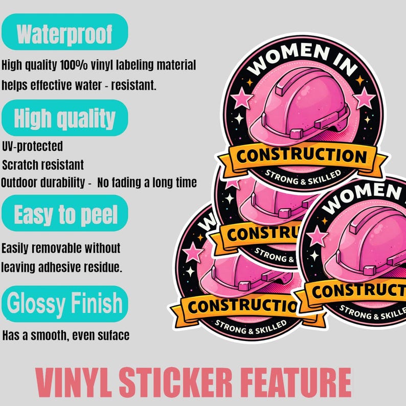 Puede incluir: Un conjunto de pegatinas de vinilo con un dise&ntilde;o de casco de construcci&oacute;n rosa. Las pegatinas presentan el texto "WOMEN IN CONSTRUCTION" y "STRONG & SKILLED". Texto adicional destaca caracter&iacute;sticas como impermeable, alta calidad, f&aacute;cil de despegar y acabado brillante.