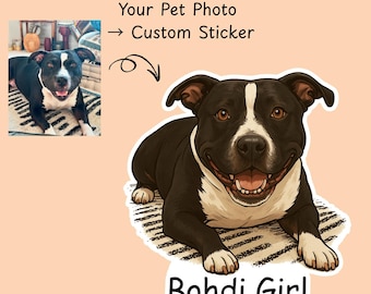 May include: Custom sticker featuring a black and white dog, labeled "Bohdi Girl." The dog is lying down with a happy expression. The sticker is on a peach background with the text "Your Pet Photo -> Custom Sticker."
