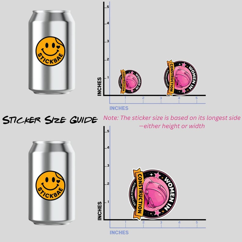 Puede incluir: La imagen muestra pegatinas y una lata. Una pegatina tiene una carita sonriente con el texto "STICKBAE". Otra pegatina tiene un casco rosa y el texto "WOMEN IN CONSTRUCTION". La gu&iacute;a de tallas de pegatinas se muestra en pulgadas.
