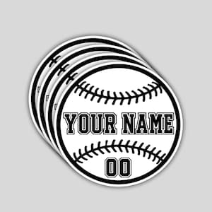 May include: A stack of white baseball stickers with black stitching and a black border. The text "YOUR NAME" is displayed in a bold, blocky font, with the number "00" below. The stickers are on a light gray background.