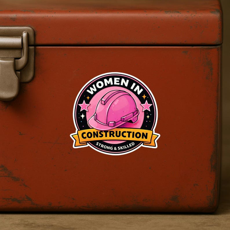Puede incluir: Una pegatina con un casco de construcci&oacute;n rosa en el centro, rodeado por las palabras "WOMEN IN CONSTRUCTION". Debajo, una pancarta dice "CONSTRUCTION" y "STRONG & SKILLED". El dise&ntilde;o tiene un fondo rosa con estrellas.