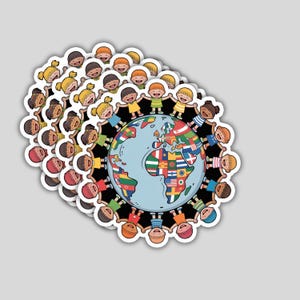 May include: A stack of stickers featuring a cartoon illustration of children of diverse ethnicities holding hands around a globe. The globe is decorated with flags representing different countries. The children are smiling and wearing colorful clothes.