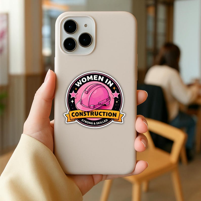 Puede incluir: Una pegatina en una funda de tel&eacute;fono presenta un casco de construcci&oacute;n rosa dentro de un dise&ntilde;o circular. El texto dice "WOMEN IN CONSTRUCTION" encima del casco y "CONSTRUCTION STRONG & SKILLED" debajo. La pegatina est&aacute; en una funda de tel&eacute;fono beige claro.