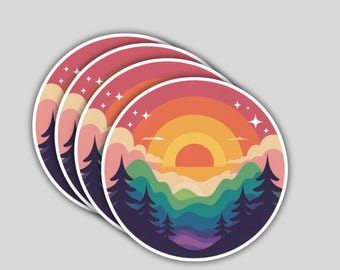 May include: A stack of four round stickers featuring a sunset over a mountain range. The design includes a gradient of colors, from purple to orange, with trees in the foreground and stars in the sky. The stickers have a white border.