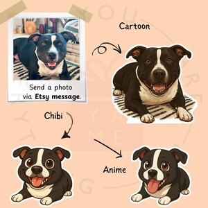 May include: An image featuring a black and white dog in three different cartoon styles: a photo, a cartoon, a chibi, and an anime version. The photo is in a polaroid style with the text "Send a photo via Etsy message." The background is a light peach color.