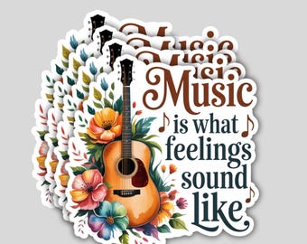 4PCS Music Is What Feelings Sound Like Stickers – Floral Vintage Guitar Decals – Waterproof Vinyl Stickers for Laptop, Bottle, Tumbler