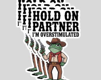 4Pcs Hold On I’m Overstimulated Cowboy Frog Stickers – Funny Animal Quote Vinyl Decals, Waterproof Stickers for Scrapbook, Phone, Kindle