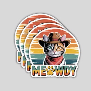 4PCS Meowdy Cat Stickers – Funny Cowboy Cat Vinyl Decals for Laptop, Water Bottle, Car, Tumbler – Cute Western Aesthetic