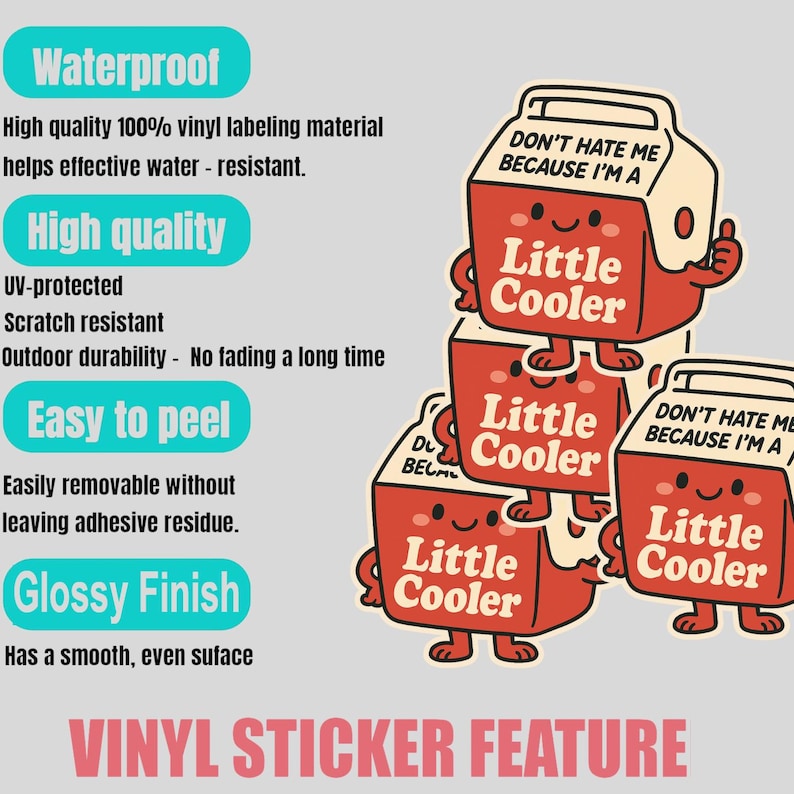 K&ouml;nnte beinhalten: Eine Sammlung roter und wei&szlig;er Vinylaufkleber mit einem Cartoon-Milchkarton-Charakter, dem Text "Little Cooler" und dem Satz "Don't hate me because I'm a". Das Bild enth&auml;lt auch Text, der die Aufkleber als wasserdicht, hochwertig, leicht abl&ouml;sbar und mit gl&auml;nzendem Finish beschreibt.
