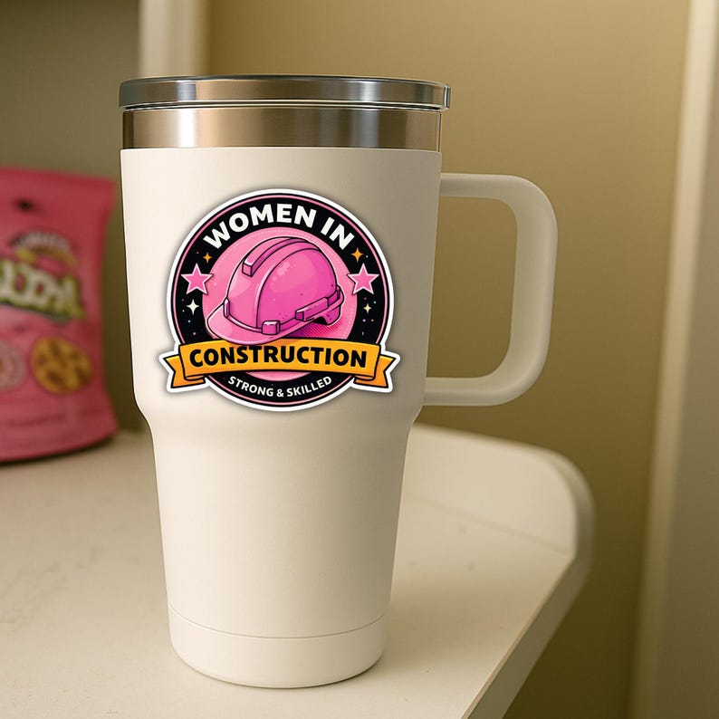 Puede incluir: Un vaso t&eacute;rmico blanco con borde y asa plateados. El vaso presenta una pegatina con el texto "WOMEN IN CONSTRUCTION" y un gr&aacute;fico de casco rosa. La pegatina tambi&eacute;n incluye las palabras "Strong & Skilled".