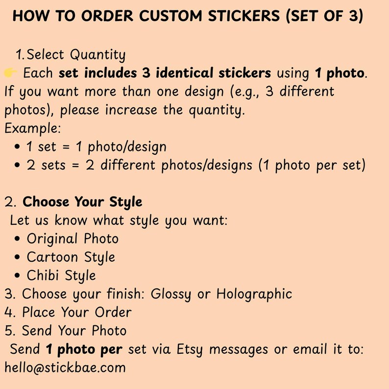 May include: A beige graphic with instructions on how to order custom stickers. The text includes steps for selecting quantity, choosing a style (Original Photo, Cartoon, Chibi), and choosing a finish (Glossy or Holographic). The image also provides an email address.
