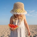 Personalized Name Tag Straw Hat | Custom Yarn Name Initial Kids Sun Hat | Toddler and Sister Gift | Handmade Beach Hat