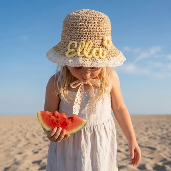Personalized Name Tag Straw Hat | Custom Yarn Name Initial Kids Sun Hat | Toddler and Sister Gift | Handmade Beach Hat