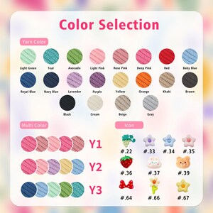 May include: A color selection chart with various yarn colors, including light green, teal, and avocado. The chart also displays multi-color options and icons, such as a strawberry and a bow, with corresponding numbers.