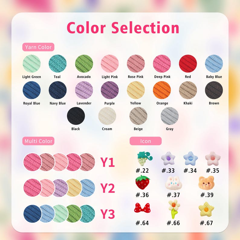 May include: A color selection chart with various yarn colors, including light green, teal, and avocado. The chart also displays multi-color options and icons, such as a strawberry and a bow, with corresponding numbers.
