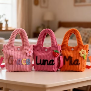 Personalized toddler crossbody bag, small corduroy purse for daycare, baby travel bag, flower girl gift, preschool and birthday present