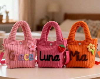 Personalized toddler crossbody bag, small corduroy purse for daycare, baby travel bag, flower girl gift, preschool and birthday present