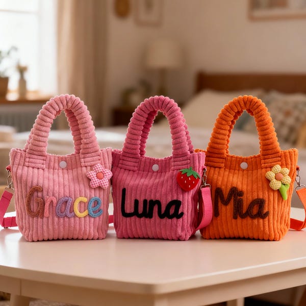 Personalized toddler crossbody bag, small corduroy purse for daycare, baby travel bag, flower girl gift, preschool and birthday present