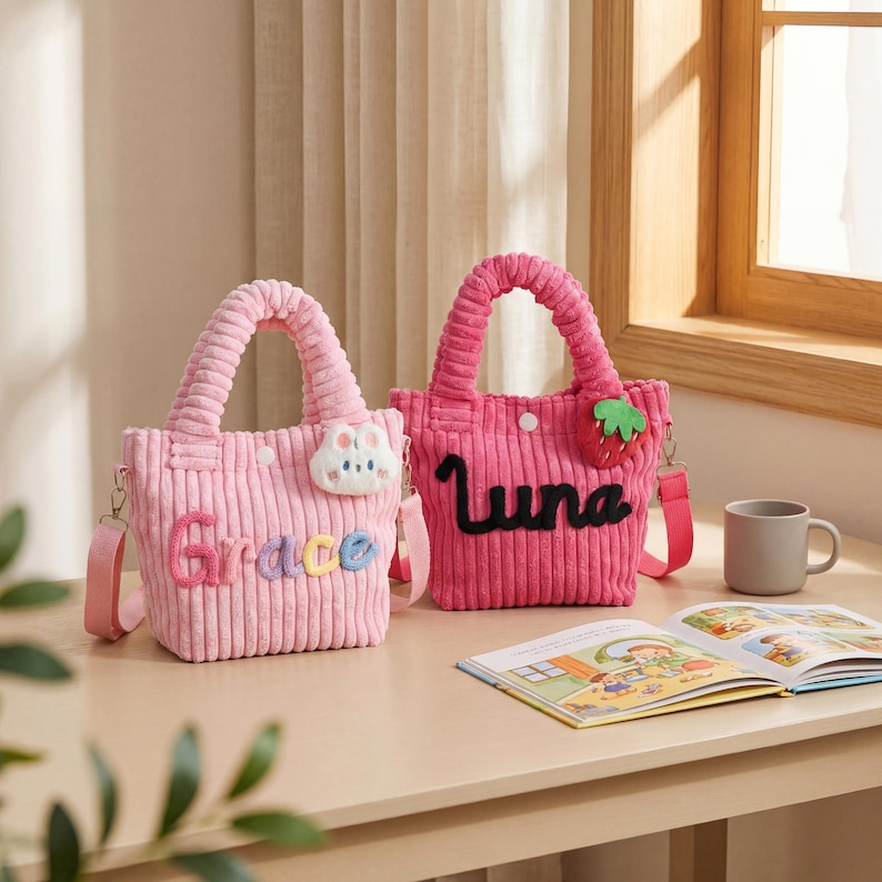 May include: Two pink corduroy tote bags with matching handles and shoulder straps. One bag has the name "Grace" embroidered in colorful letters, and a cloud and bunny applique. The other bag has the name "Luna" and a strawberry applique.