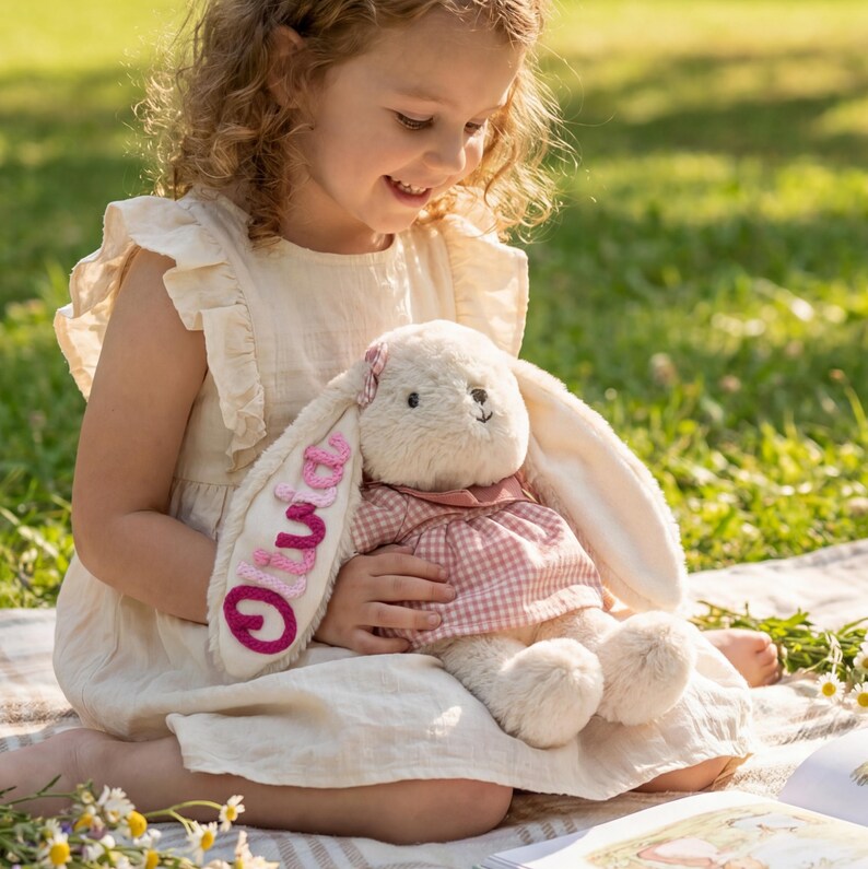 K&ouml;nnte beinhalten: Ein cremefarbenes Pl&uuml;schhasenspielzeug mit langen Ohren, das ein rosa-wei&szlig; kariertes Kleid tr&auml;gt. Der Name Olivia ist in rosa und magentafarbenem Garn auf eines der Ohren des Hasen gestickt. Das Spielzeug hat weiches Fell, eine kleine Nase und dunkle Augen.