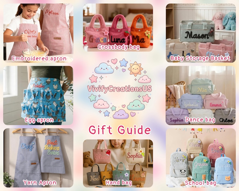 May include: A collage of personalized gifts, including aprons, handbags, baby storage baskets, and school bags. The aprons are embroidered with names, and the bags feature custom embroidery. The image includes the text "Gift Guide" and "VivifyCreationsUS".