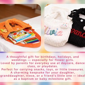 May include: Orange corduroy tote bag filled with books and colored pencils. Two additional corduroy tote bags, one white with the name "Olivia" and one black with a panda face and the name "Cana".