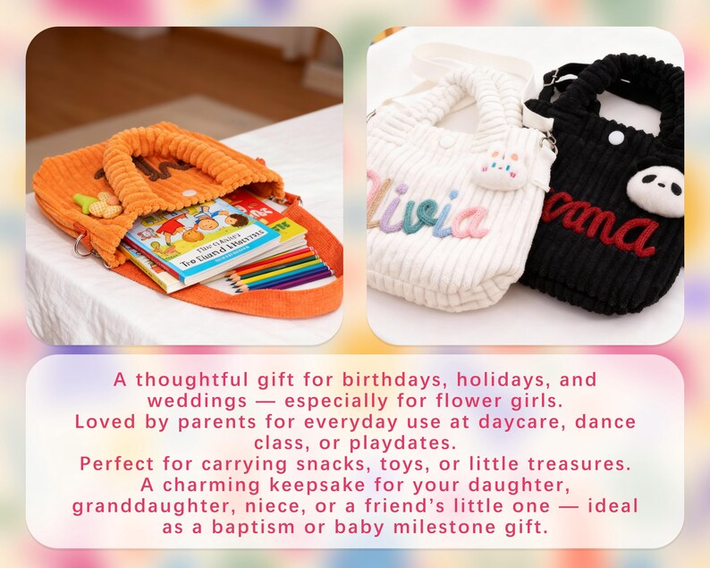 May include: Orange corduroy tote bag filled with books and colored pencils. Two additional corduroy tote bags, one white with the name "Olivia" and one black with a panda face and the name "Cana".