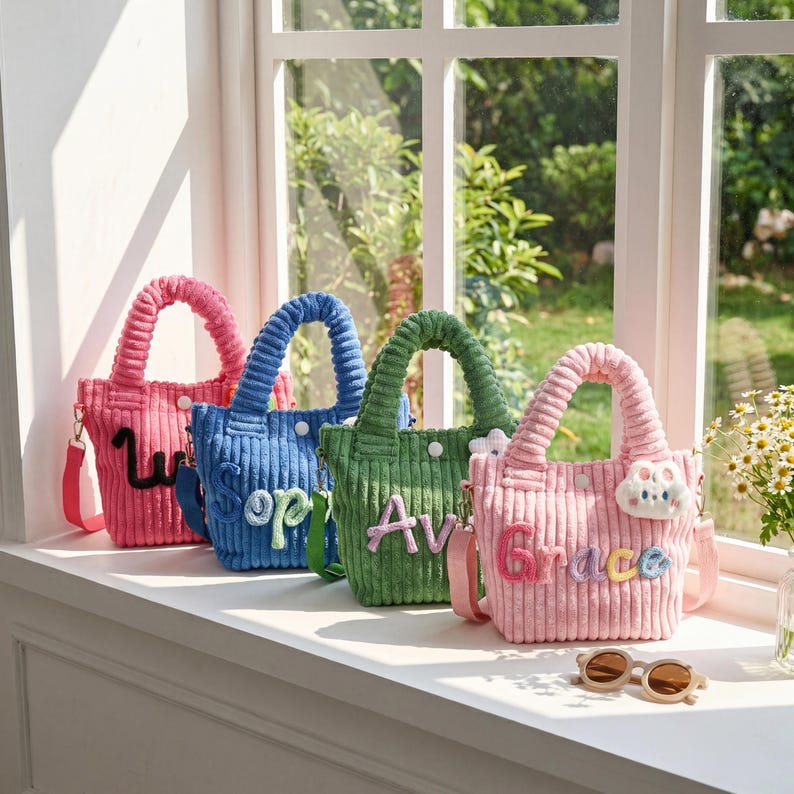 May include: Four corduroy tote bags in pink, blue, green, and pink, each with a top handle and a shoulder strap. The bags have embroidered letters and a small decorative element. The bags are sitting on a windowsill.