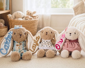 Individuell gestaltetes Hasenplüschtier fürs Kinderzimmer | Personalisierte Hasenpuppe | Babyzimmerdeko | Erinnerungsstück zur Geburt | Weiches Kuscheltier