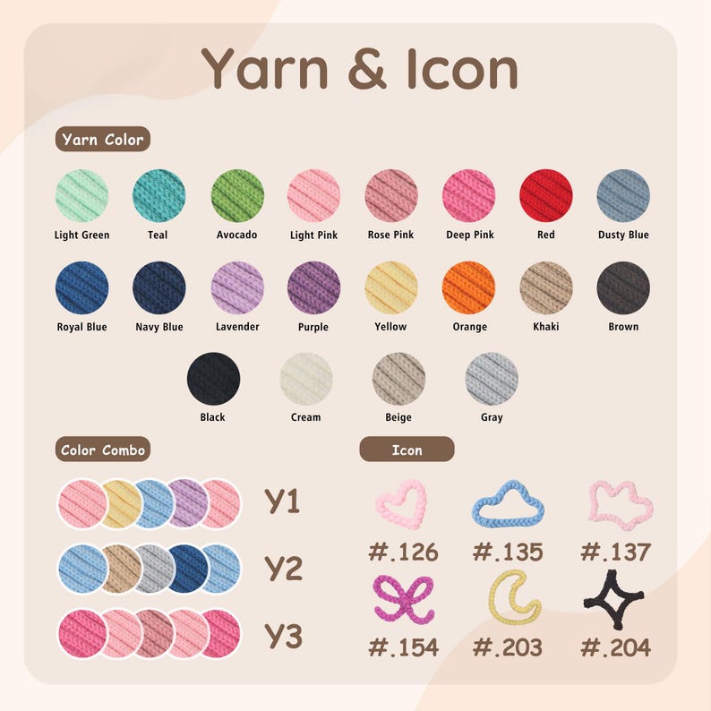 K&ouml;nnte beinhalten: Eine Farbkarte mit dem Titel Yarn & Icon zeigt verschiedene Garnfarben, darunter Hellgr&uuml;n, T&uuml;rkis, Avocado, Rosa, Rot, Blau, Lila, Gelb, Orange, Khaki, Braun, Schwarz, Creme, Beige und Grau. Sie enth&auml;lt Farbkombinationen Y1-Y3 und Symbole .126-.204.