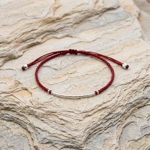 Japanese Bamboo Segment Half Bangle, 925 Silver Wax Cord Bracelet, Dainty Stackable Lucky Wristband, Custom Size Gift for Men Women
