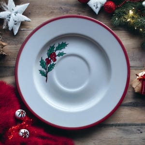 Vintage Holly Berry Saucer Set of 4 - Christmas Saucer with Orange Trim - Traditional Christmas Desert Plate by Taylor, Smith & T