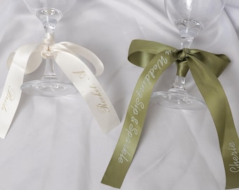 Personalized Wine Glass Ribbon, Custom Wedding Champagne Glass Bow Personalized Satin Ribbon Name Tags Drink Name Tags Name Place Cards