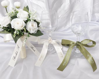Personalized Wine Glass Ribbon, Custom Wedding Champagne Glass Bow Personalized Satin Ribbon Name Tags Drink Name Tags Name Place Cards