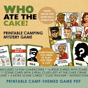 Jogo de mistério de acampamento para imprimir para crianças e adultos Quem comeu o bolo Atividade de dedução divertida Download instantâneo Jogo de festa na fogueira