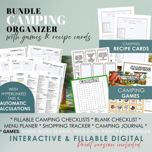 Camping Planner Printable Bundle Fillable Journal Cost Tracker Meal Planner Games Recipe Cards Checklists for Outdoor Family Adventure