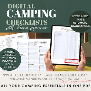Druckbare Camping Checkliste mit Menü-Planer PDF Ausfüllbar Grundausrüstung Liste für Wandern Backpacking Travel Verpackung und Outdoor-Abenteuer