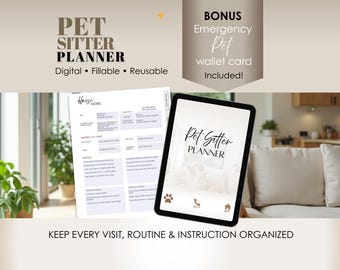 Digital Pet Sitter Planner Bundle: Fillable PDF, Emergency Card