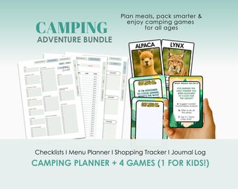 Camping Trip Planner Bundle- Checklist, Adult Games & kids Activity Cards (Fillable PDF)