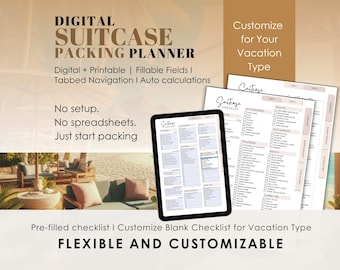 Suitcase Packing Planner Digital Travel Checklist Printable Fillable Vacation Organizer PDF