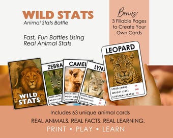 Juego de cartas imprimible de animales para niños: juego educativo de estadísticas sobre animales salvajes (descarga en PDF)