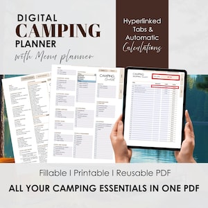 Fillable camping planner with packing checklists, menu planner, shopping tracker, and interactive tabs.