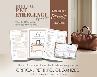 Pianificatore di emergenza per animali domestici in formato PDF, cartelle cliniche compilabili, ID tessera portafoglio, checklist stampabile