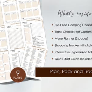 Camping planner pages including customizable checklists, menu planning pages, shopping tracker with automatic totals, and campground notes.