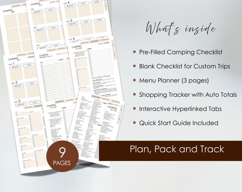 Camping planner pages including customizable checklists, menu planning pages, shopping tracker with automatic totals, and campground notes.